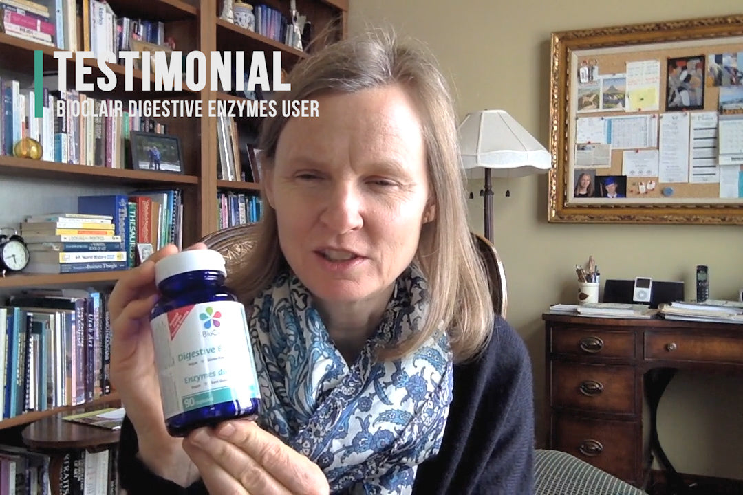 Jill shares her experience using BioClair Digestive Enzymes to manage food sensitivities, blood sugar fluctuations, and brain fog, noting more stable digestion and improved mood.